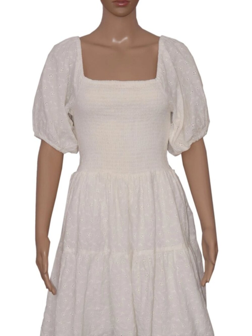 Mystic Threads Eyelet Embroidered Puff Sleeve Smocked Ivory Mini Dress S
